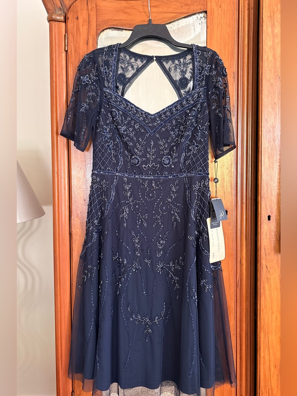 Adrianna Papell Navy Beaded Mesh Cocktail Dress NWT size 8